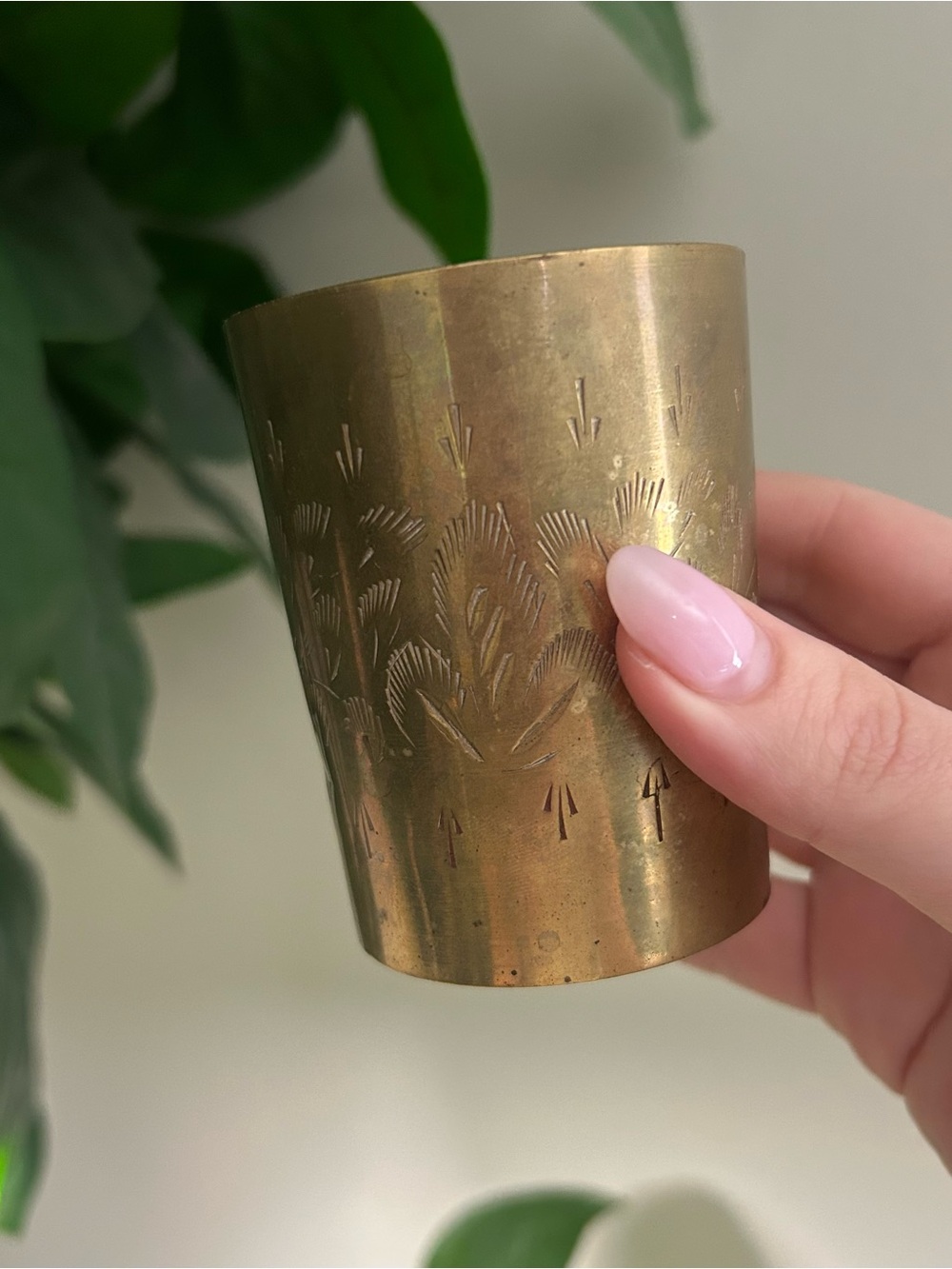Vintage Brass Tone Tumbler with Etched Floral Motif